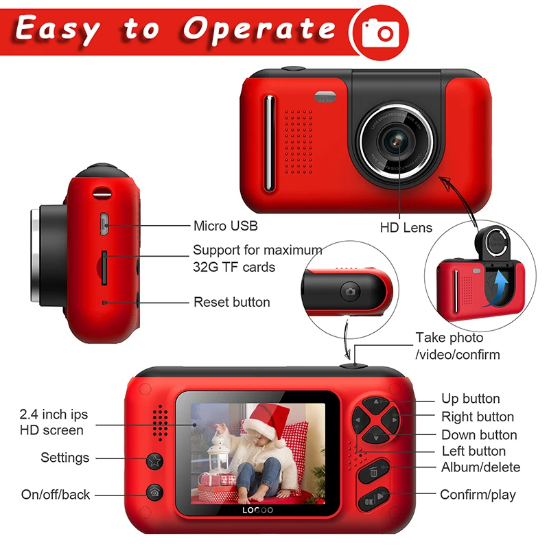 Kids Pink Camera Digital Video Toy for Children Girls Boys Toddler Birthday Christmas Gift Teenage Presents Outdoor Blue Red