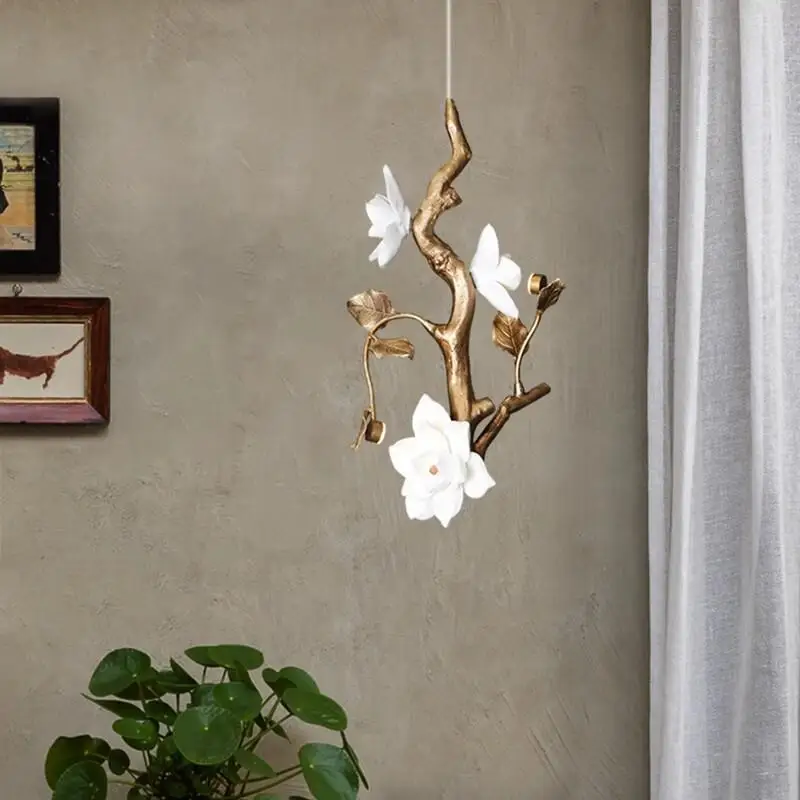 All-Copper & Ceramic Magnolia Pendant Light - Creative Luxury Decorative Lamp for Hallway, Bar Counter, Corridor & Villa