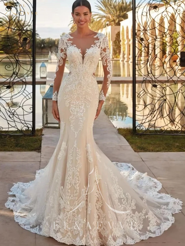 FL&AEVVE Customized Luxury Mermaid Wedding Dress Lace Appliques Long Sleeves Elegant Bridal Gown Wedding Party Dress Robe image 3