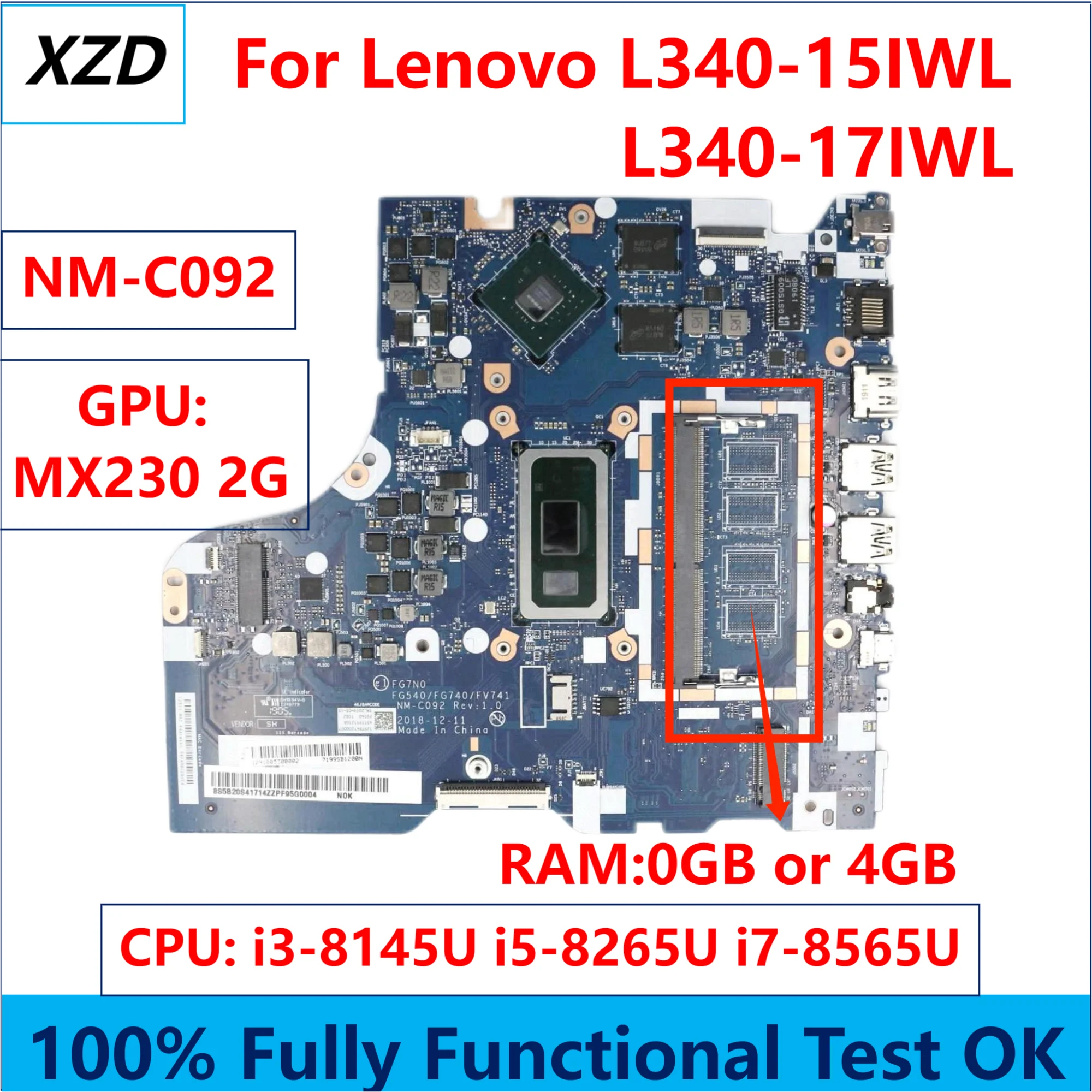 NM-C092 Mainboard For Lenovo ideapad L340-15IWL L340-17IWL Laptop Motherboard  with i3 i5 i7 CPU MX230-GPU 100% test OK