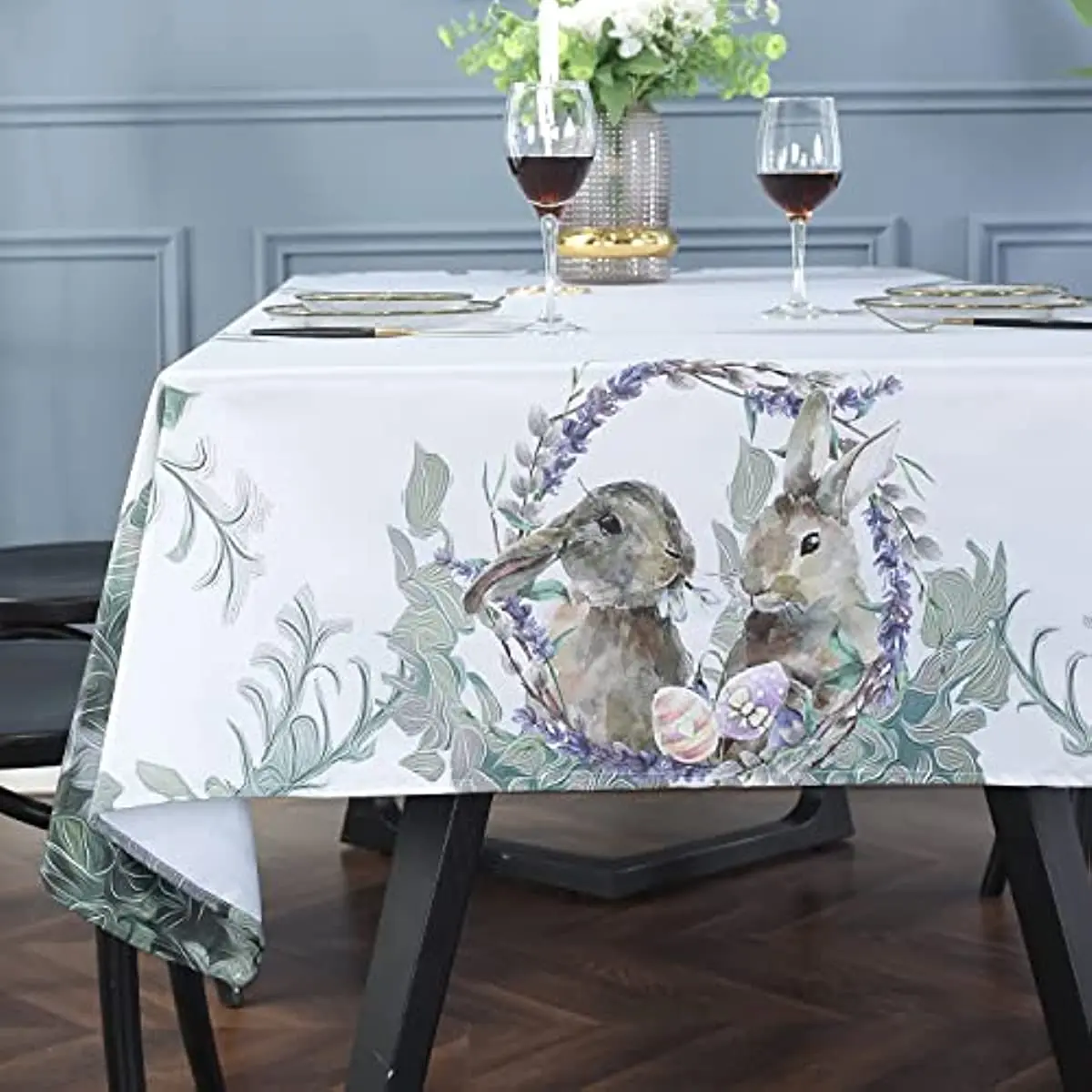 

Easter Rectangle Tablecloth Spring Floral and Bunny TableCloth Waterproof Table Cover for Wedding Decor Home Holiday Party Decor