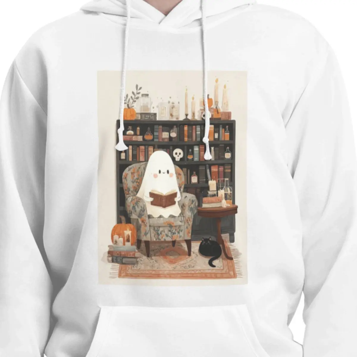 Halloween Ghost Bookshelf Library Book Hoodies Men's Women Casual Pullover Sweatshirts Hip Hop Long Sleeve Hooded Autumn Winter