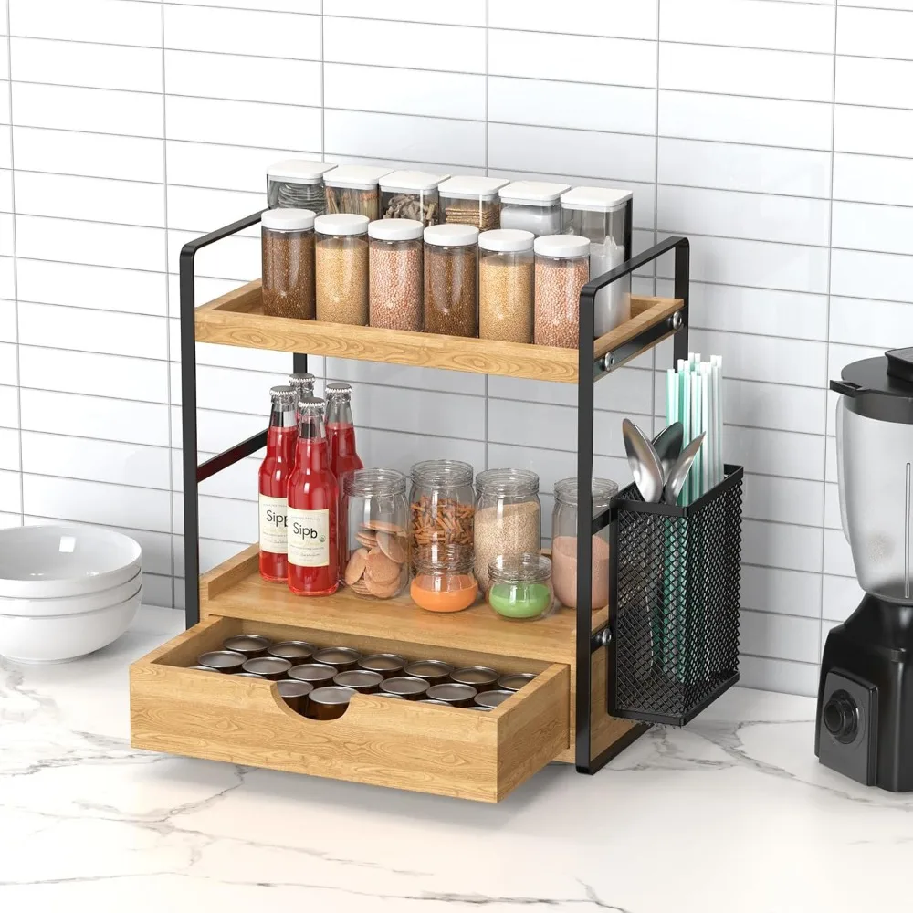 منظم حمام خشبي بطبقتين مع درج وسلال، تخزين متعدد الأغراض للمكياج والعناية بالبشرة #5