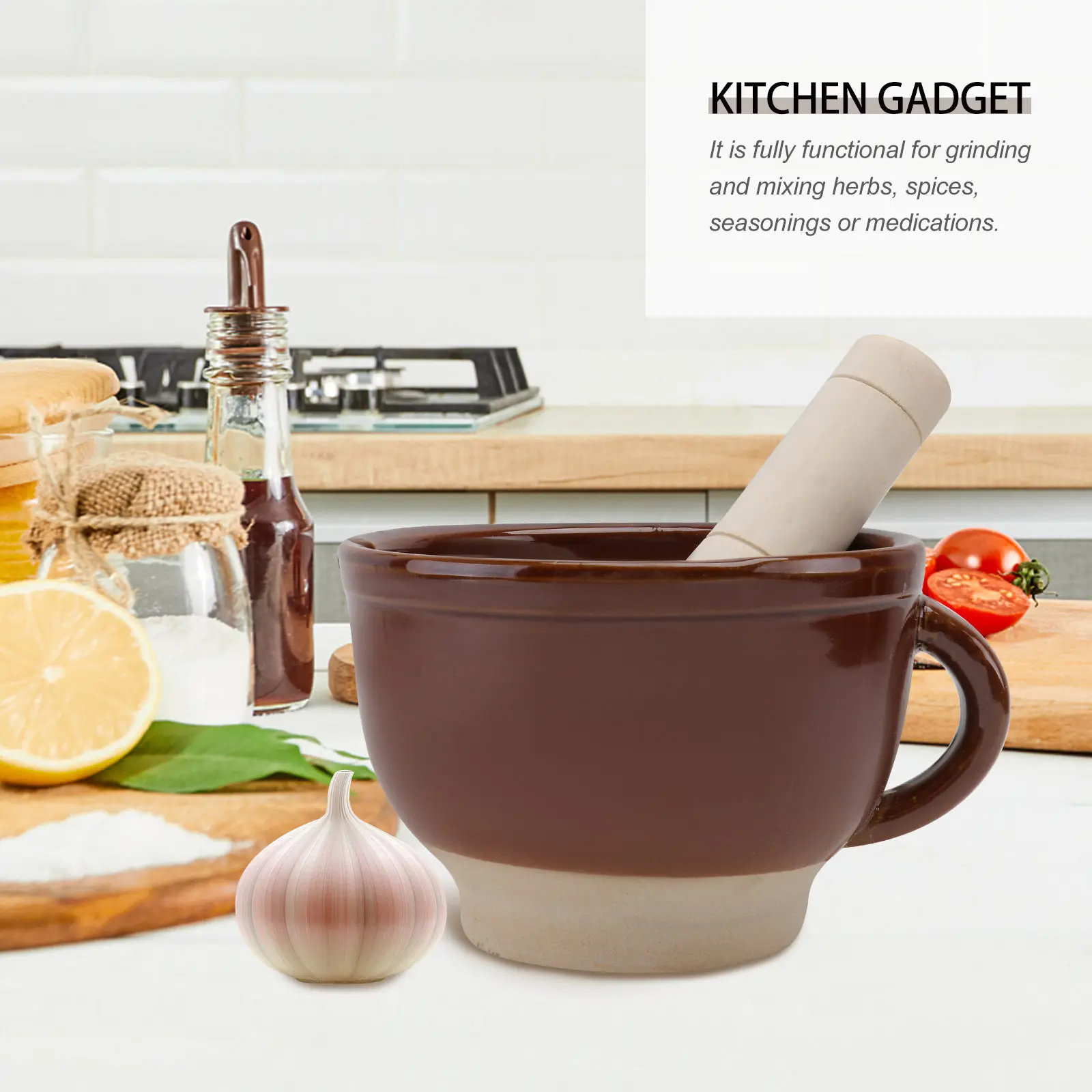 

Набор: керамическая чаша для измельчения чеснока и деревянный пестик. Кухонный измельчитель специй, дробилка для перца, бытовой инструмент для измельчения чеснока.