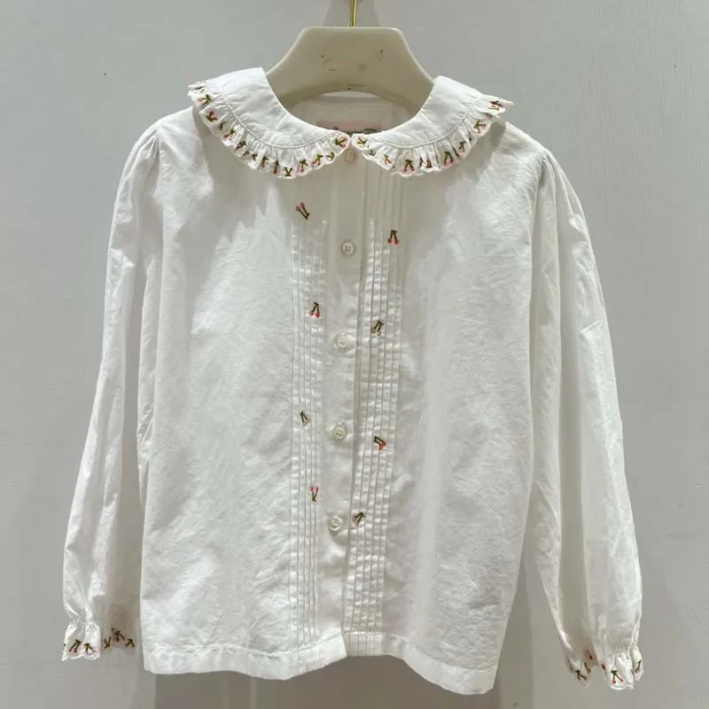 

Предпродажа, осень-зима 2029, белая блузка для маленьких девочек с воротником Питера Пэна и вышивкой, детская эксклюзивная одежда, рубашки для девочек