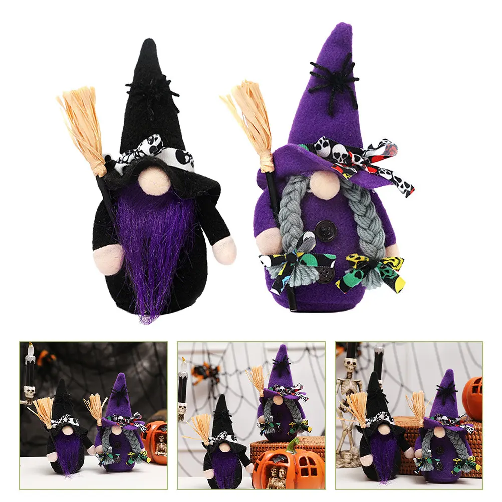 

2Pcs Halloween Witch Gnome Decor Set Soft Sturdy Design Holding Broom for Party Home Outdoor Table Sofa Shelf Window Bed