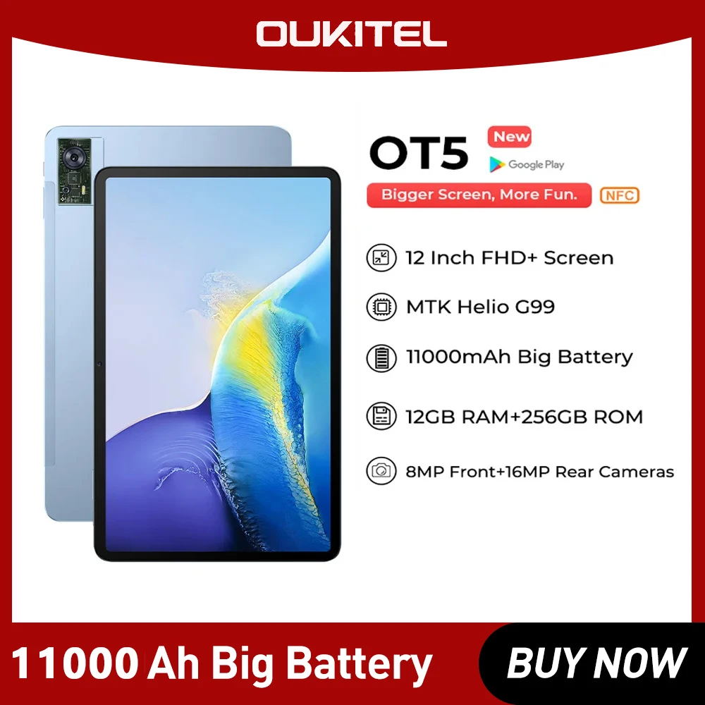 Oukitel-OT5 tablet-pc 12-inch FHD +-scherm, 11000mAh, Android 13 tablets, 16MP camera, MTK Helio G99, tabletpad 12GB RAM 256GB ROM