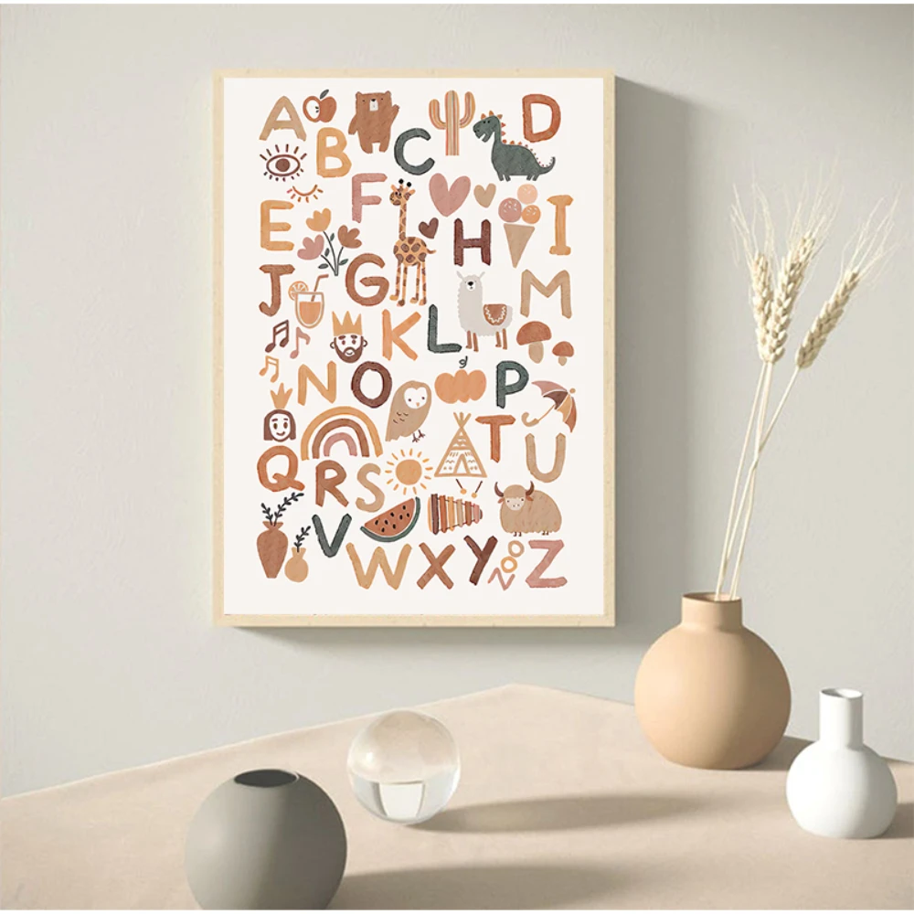 Wall Art Canvas Painting ABC Alphabet Boho Nursery Poster Print Playroom Pictures New Baby Girls Gift Kids Room Home Decoration