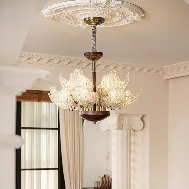 Mid-Century Modern 6-Light Chandelier with Walnut Accents Iron and Glass for Living Room Dining Room and Showroom Lighting