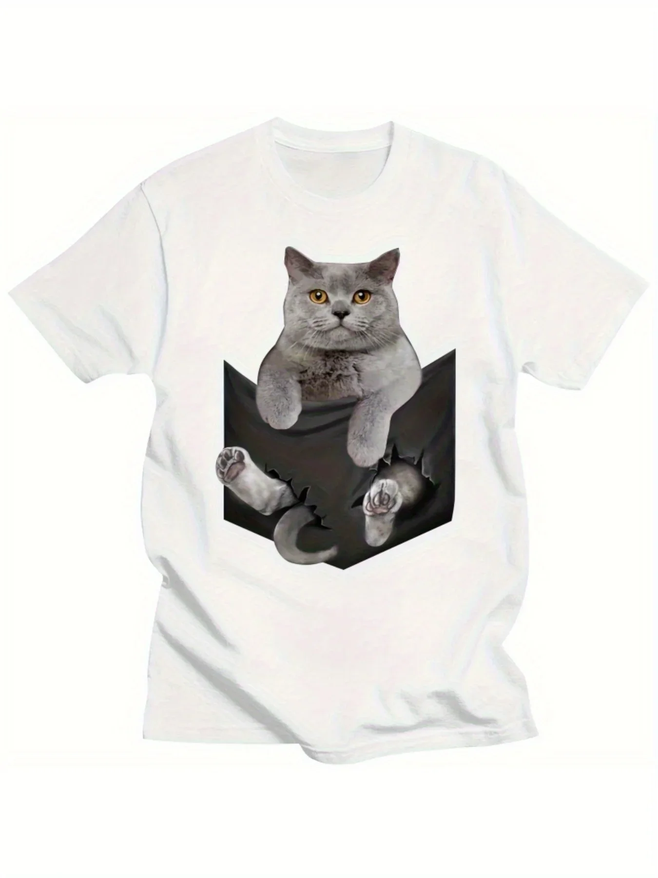 British Shorthair Cat Ripped Pocket Animal Print Men's T-Shirt Casual Crew Neck Short Sleeve Street Style Top