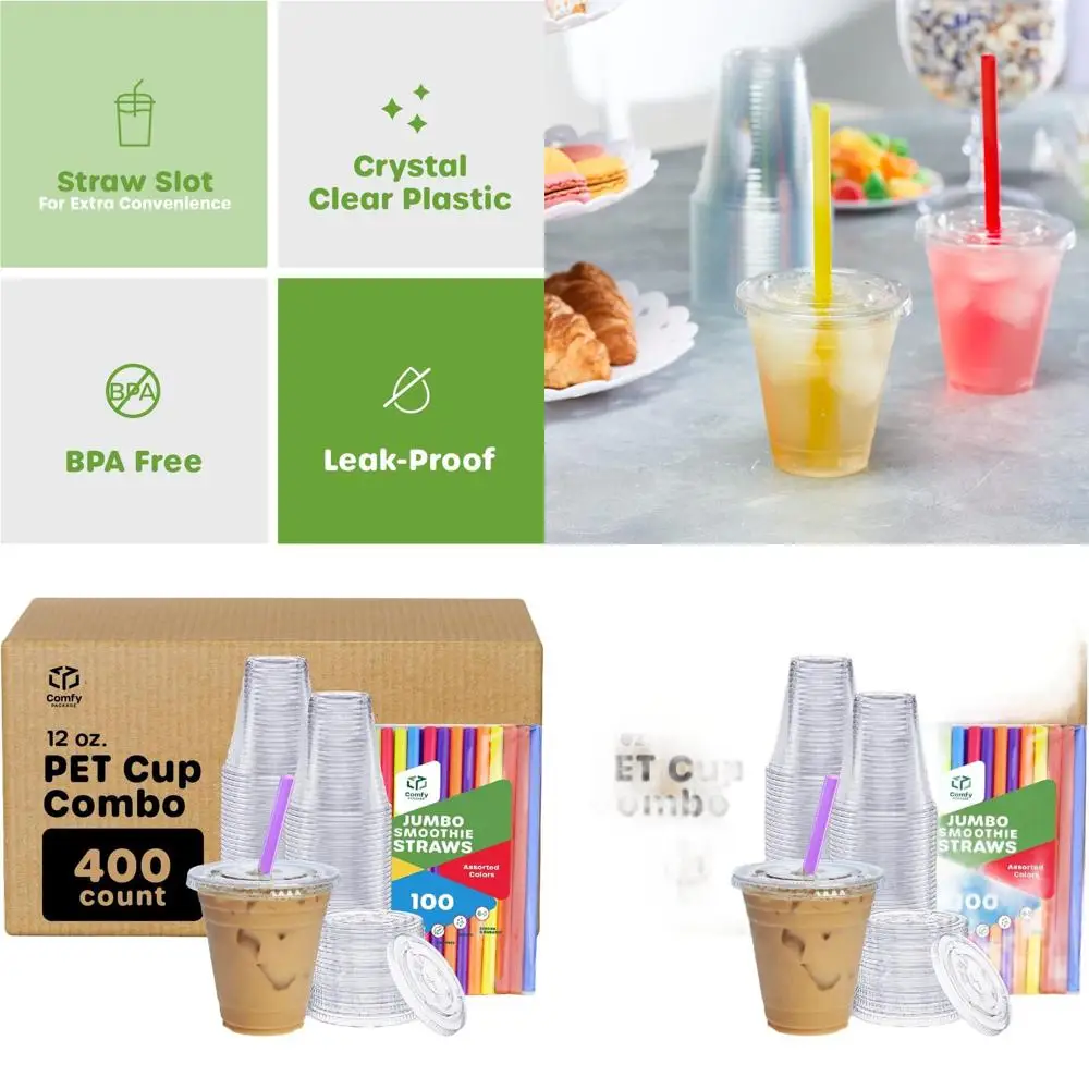 

12 унций. Упаковка из 400 пластиковых стаканов, крышек и больших трубочек для смузи