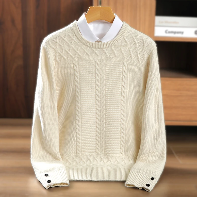 100% Pure Cashmere Sweater Men\'s O-neck High-End Pullover Long Sleeve Thick Knit Sweater Full Body Computer Jacquard Top Winter