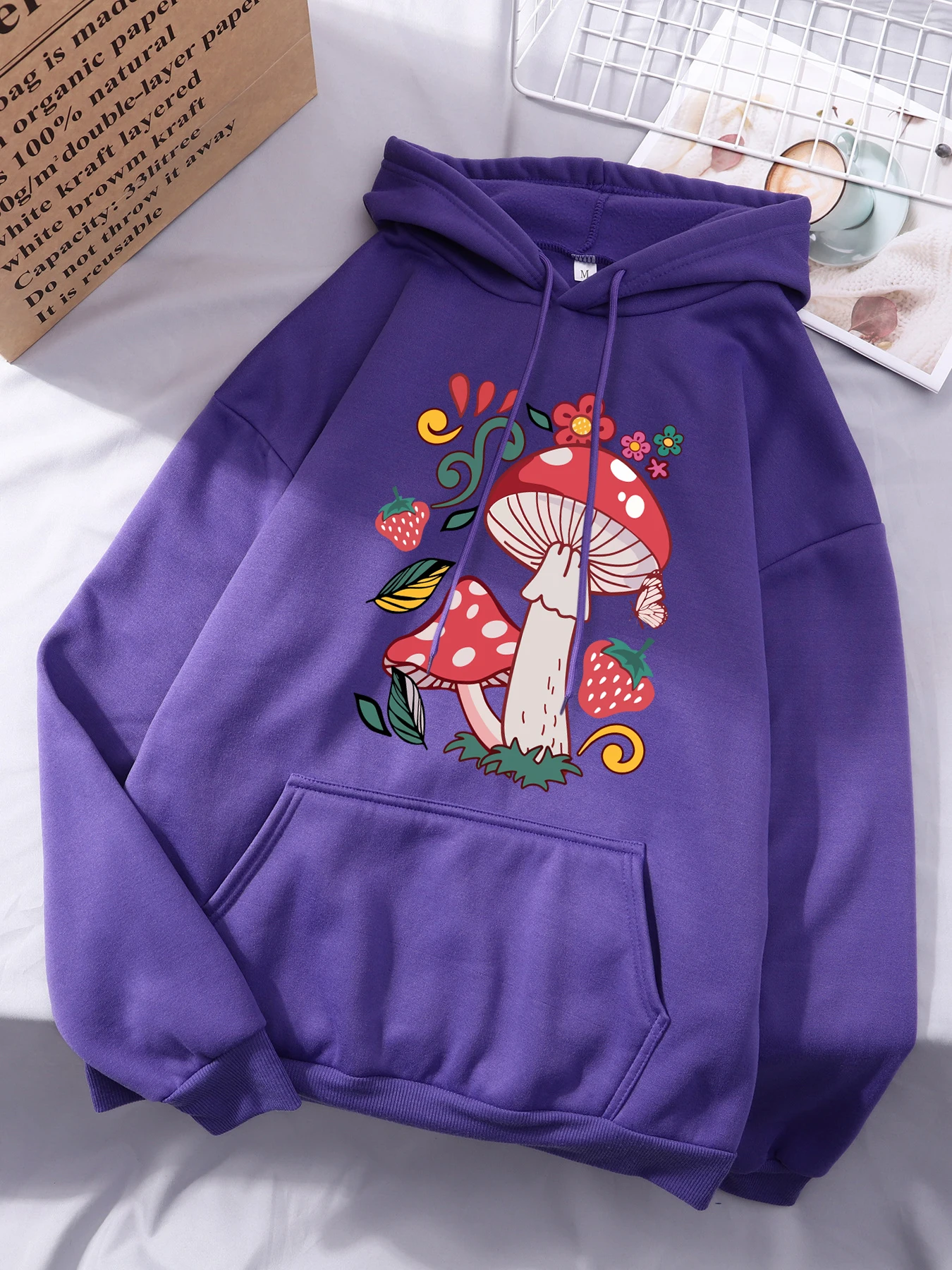아름다운 버섯 꽃 딸기 프린트 여성 후드티 올매치 캐주얼 후디 가을 플리스 후디 힙합 오버사이즈 의류