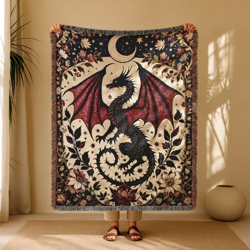 

New Dragon Totem Tassel Blanket Bohemian Style Jacquard Knitted Blanket Portable Sofa/camping/picnic Multi-purpose Blanket