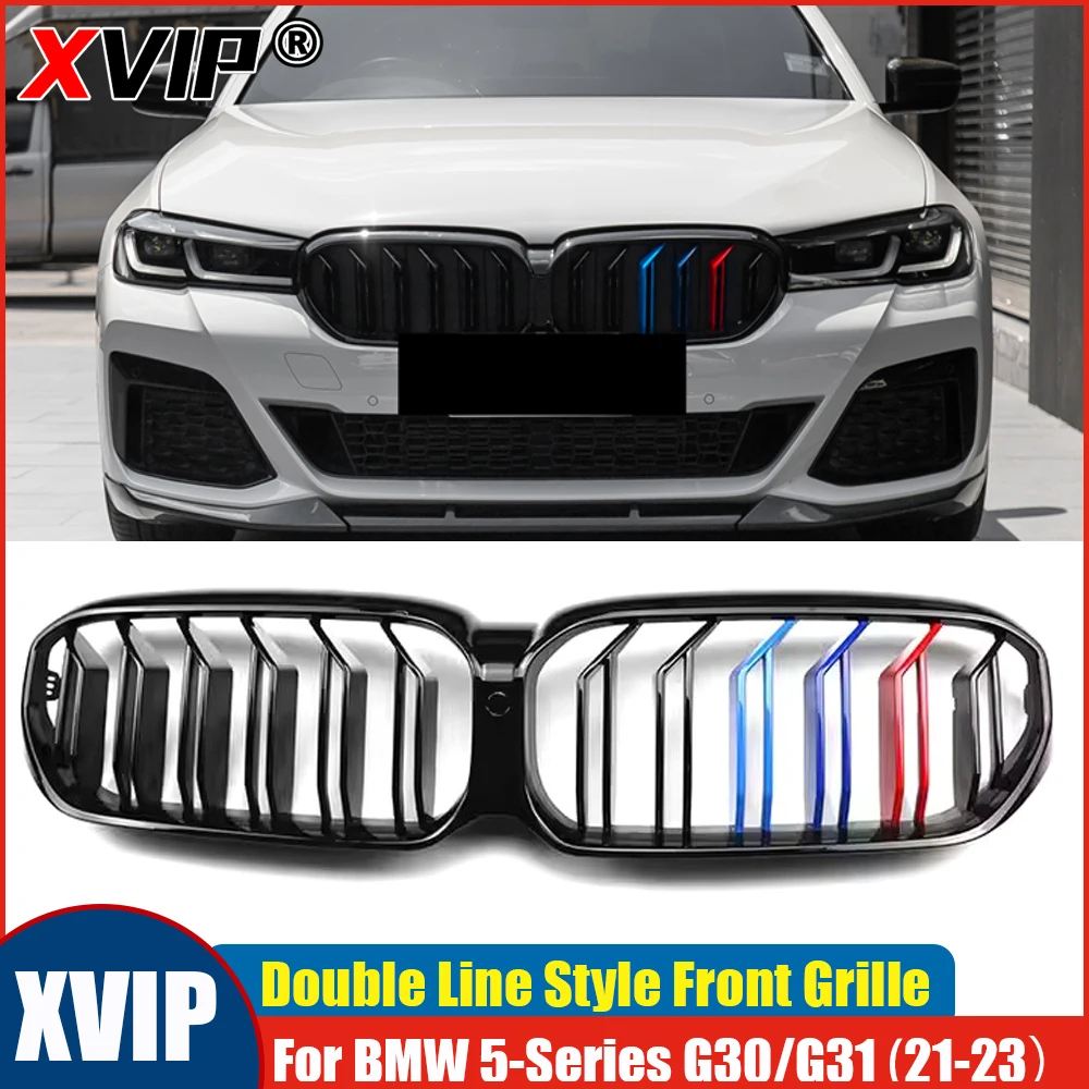 

Глянцевая черная решетка радиатора XVIP с двойными линиями для BMW 5-й серии G30 G31 LCI 2021-2023, гоночные решетки, автомобильные аксессуары