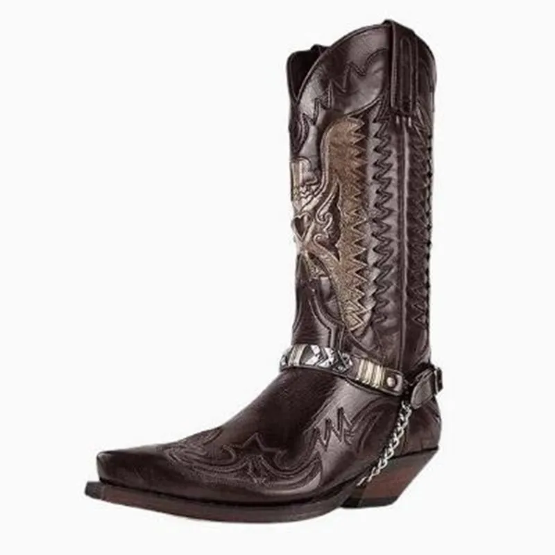 Pointed Toe Embroidered Mid-Calf Boots Snake Print Western Cowboy Men Botines Color-Blocked Slip-On Chelsea Cool Botas Femininas