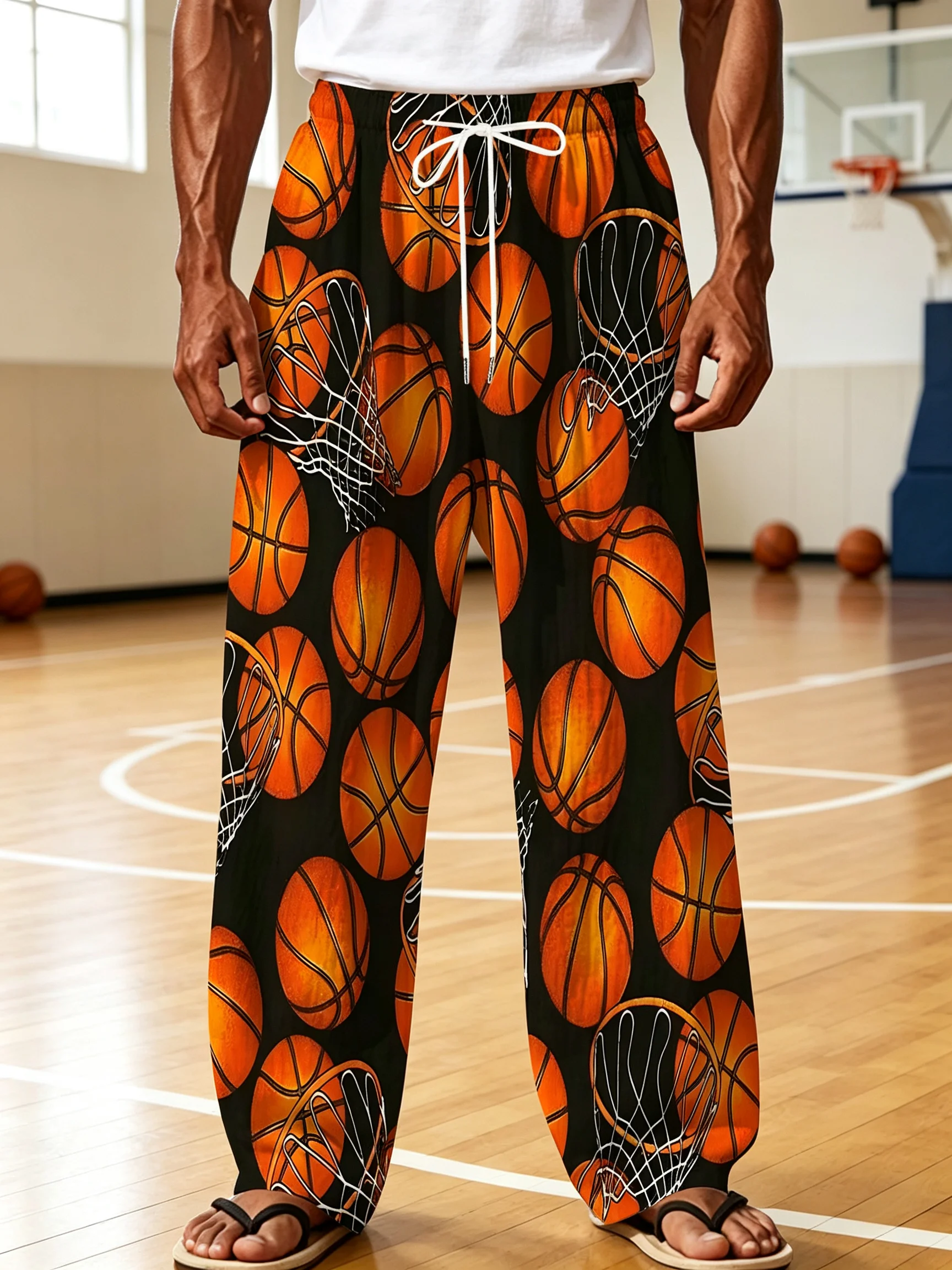 Men 3D Basketball Graphic Print Wide Leg Pants Elastic Drawstring Casual Loose Beach Lounge Trousers