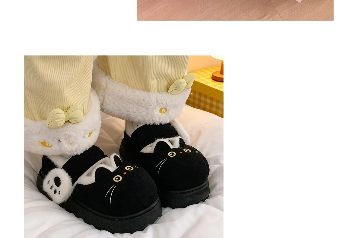 Neue schwarze flauschige Katzenpantoffeln für Damen, bezaubernde Tier-Schuhe, flauschige Hausschuhe, Damen-Winter-Plüsch-Mary-Jane-Slipper. – Detail 16