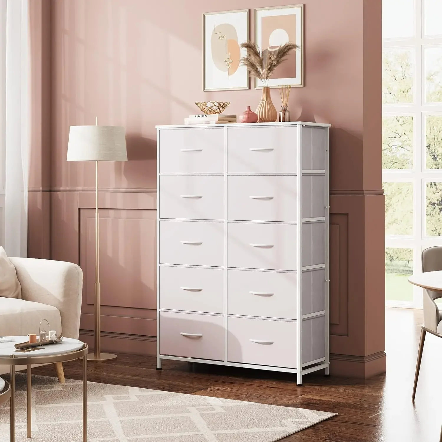 Fabric Dresser for Bedroom with 10 Drawers, Tall Chest of Drawers, White Dressers Bedroom Furniture, Storage Organizer Uni