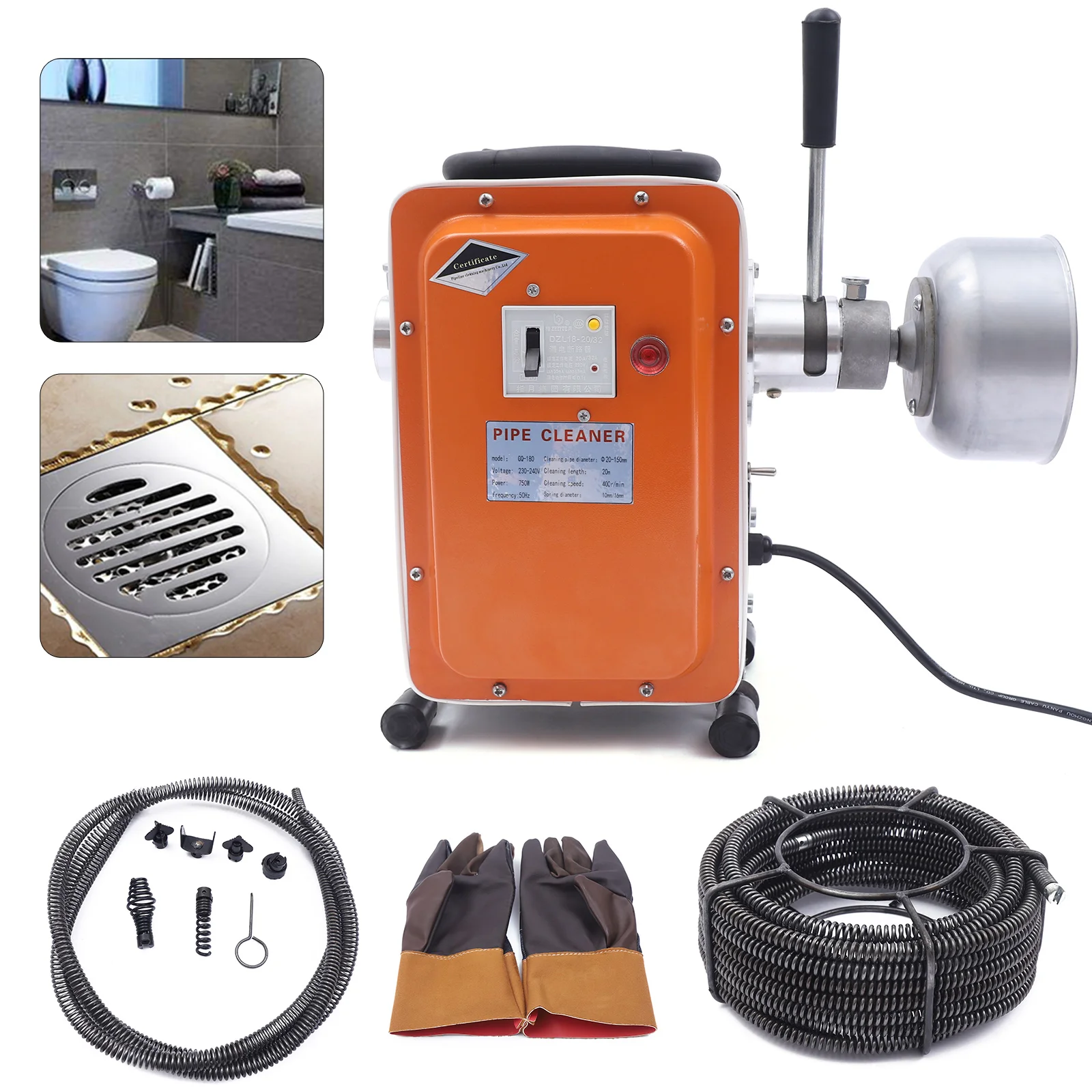 750W Electric Drain Cleaner, Sewer Snake Pipe Cleaning  for Dredging Indoor Sewage Pipes