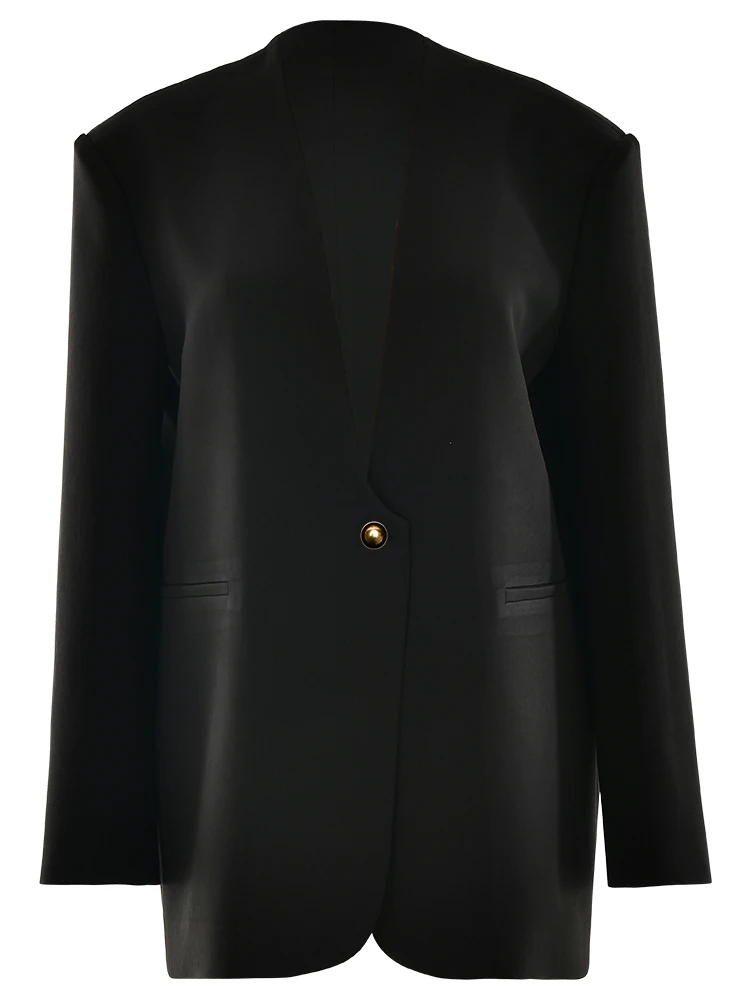 JULISSA MO مثير العميق الخامس الرقبة زر واحد المرأة السترة السوداء طويلة الأكمام منصات الكتف جاكيتات الشتاء فضفاضة أنيقة السترة معطف