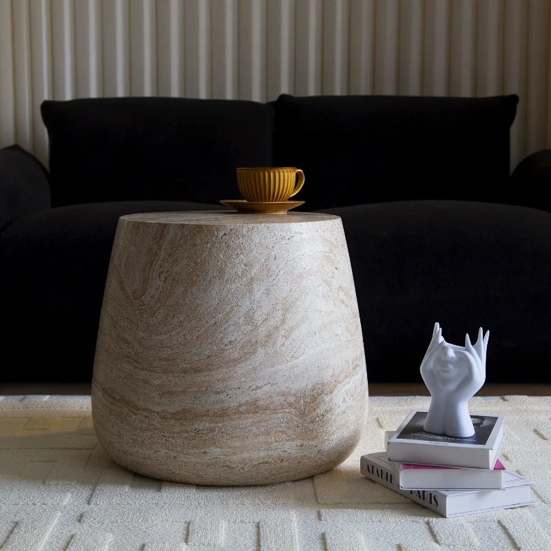 Magnesium Oxide Composite End Table for Living Room & Bedroom, Vintage Indoor Accent Table with Natural Stone Texture