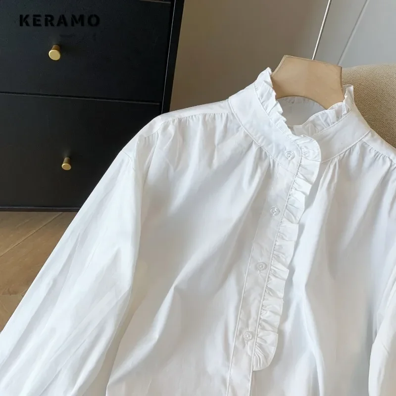 Casual branco elegante manga longa turn-down colarinho cor sólida camisas largas 2025 primavera feminino fino escritório senhora básico blusa