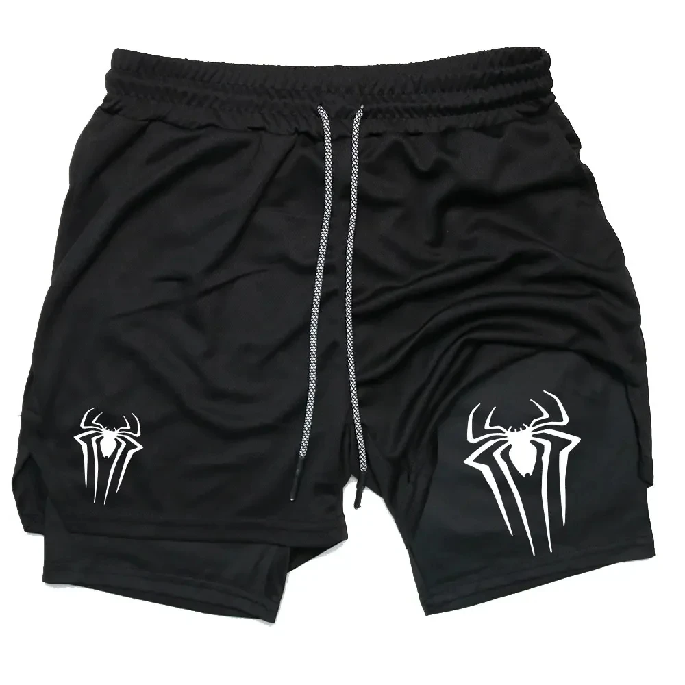 Summer Men's Spider Print Fitness Shorts Casual Sports Compression Shorts 2 In 1 Running Training Mesh