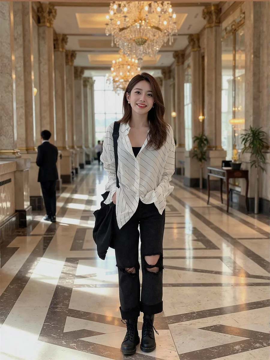 

Рваные джинсы-багги с дырками для женщин, джинсовые брюки, женская одежда, осенние, винтажные, в полный рост, для повседневной носки, для колледжа, школы, удобные