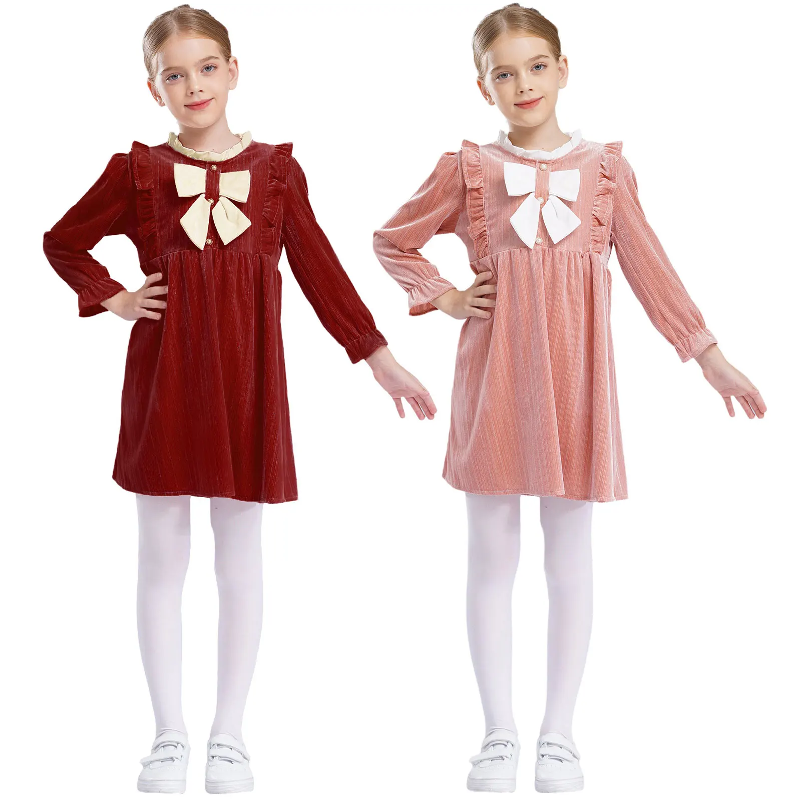 Kids Girls Cute Ruffles Velvet Dress Autumn Winter Long Sleeve Crew Neck Elegant Dresses For Birthday Fancy Party Photo Shoot