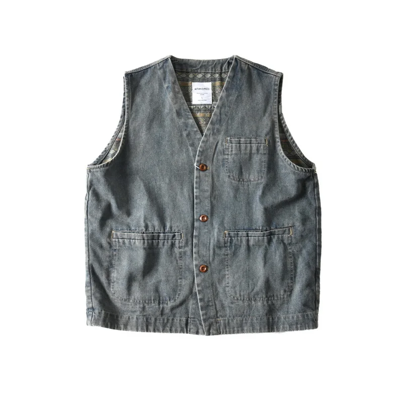 

American-style New Vintage Washed Pure 100% Cotton V-neck Denim Vest for Men Loose Oversize Casual Autumn Waistcoat Jacket
