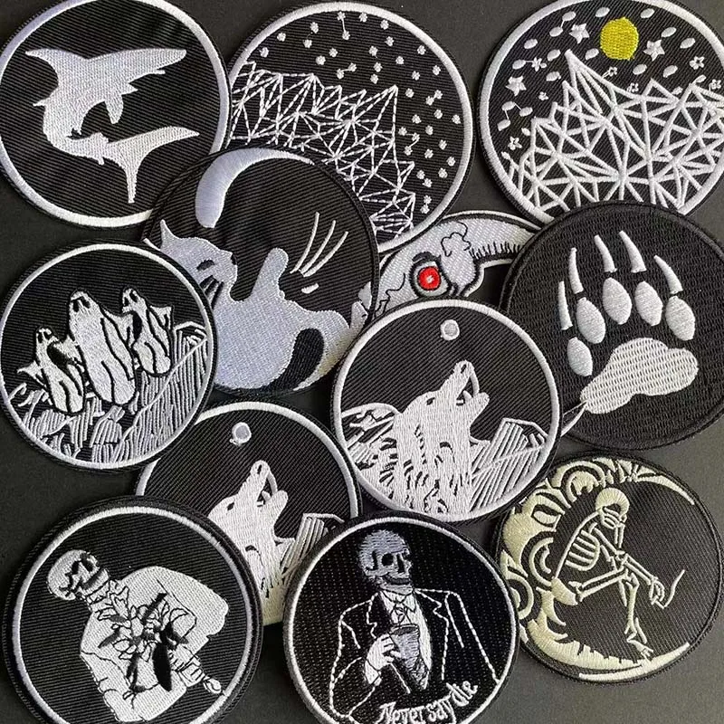 6 Stück/Schwarze Stoff-Applikationen, runde Abzeichen, Kleideraufkleber, Wolf, Pinguin, Bergmotiv, aufbügelbare Patches für Kleidung, Rucksack – Detail 4