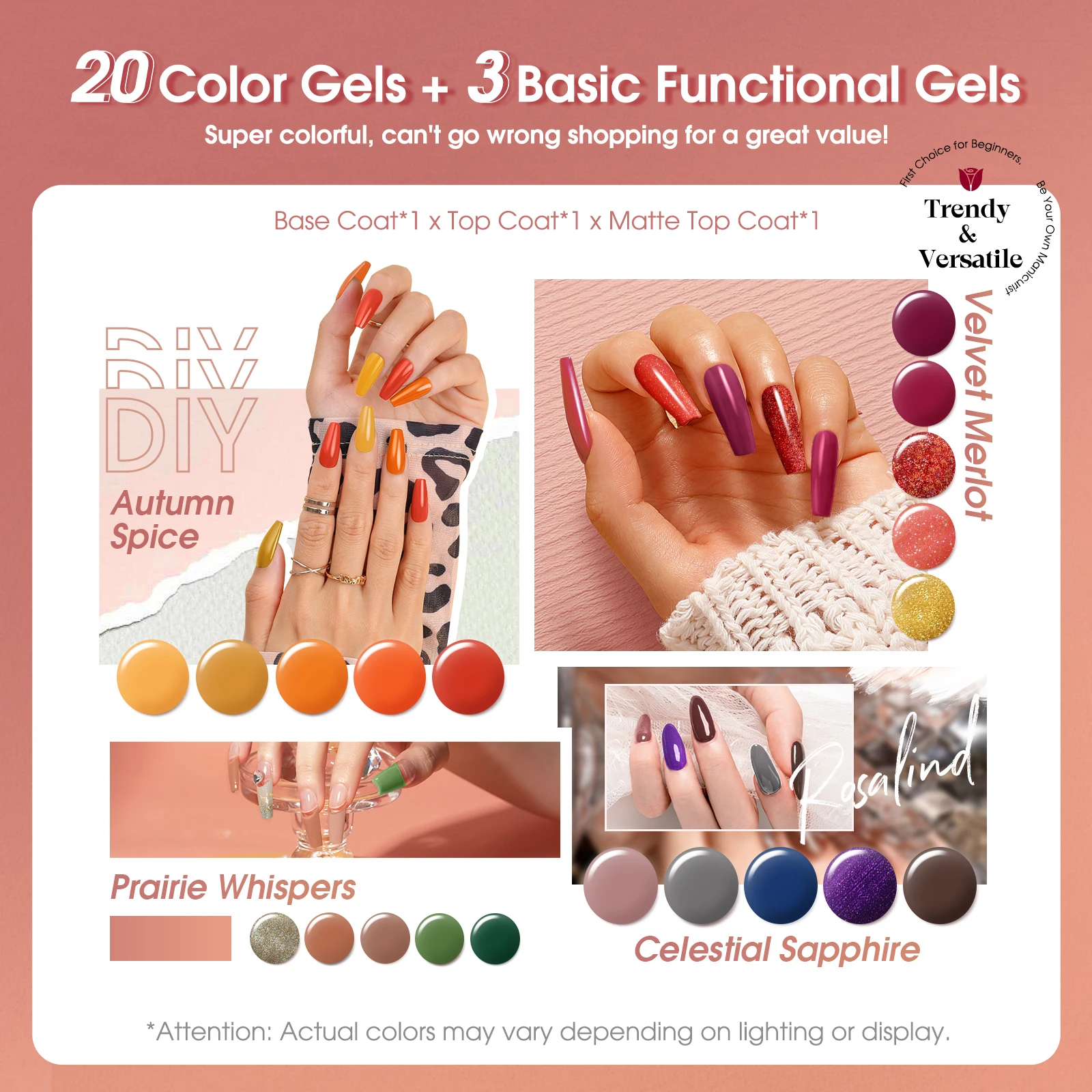 ชุดทำเล็บเจล ROSALIND 23 ชิ้น พร้อมเบสโค้ทและท็อปโค้ท เจลไฮบริดแบบลอกได้ด้วยน้ำยาล้างเล็บเจล ยูวีเจล กึ่งถาวร สำหรับตกแต่งเล็บ