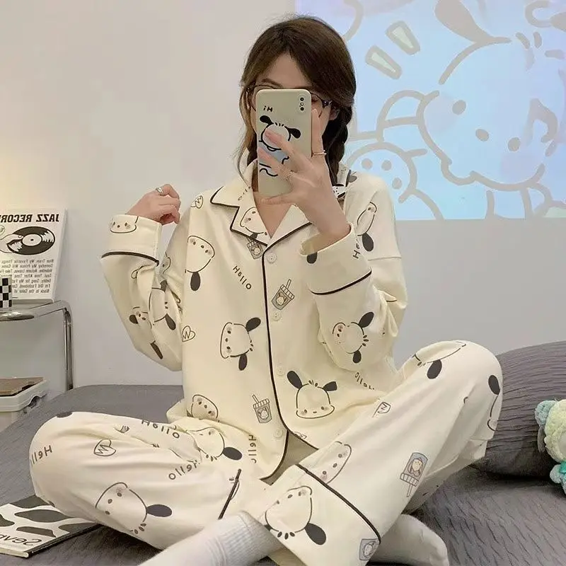 Sanrios Cinnamoroll Pyjama Vrouwen Lente Herfst Anime Hello Kitty Zomer Lange Mouw Dunne Cartoon Leuke Thuis Kleding Pak Katoen