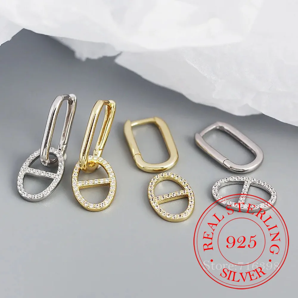 925 Sterling Silver Geometric Zircon Crystal Pig Nose Hoop Earrings for Women Female Jewelry Wedding Party Gift Aretes De Mujer