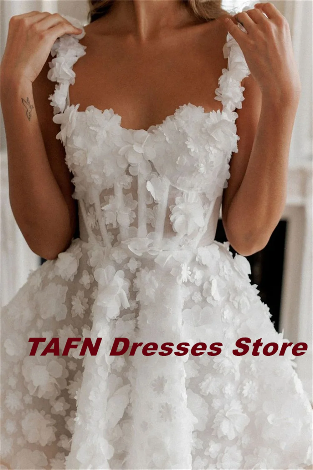 TAFN Spaghetti Straps Short Wedding Dresses Corset Sleeveless A-line Luxury Lace 3D Flowers Bridal Gown Customized