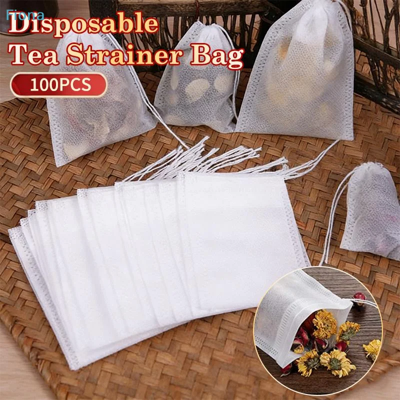 ✔100Pcs Disposable Drawstring Tea Strainer Bags,Food Grade Non-Woven Fabric Empty Tea Infuser Filters