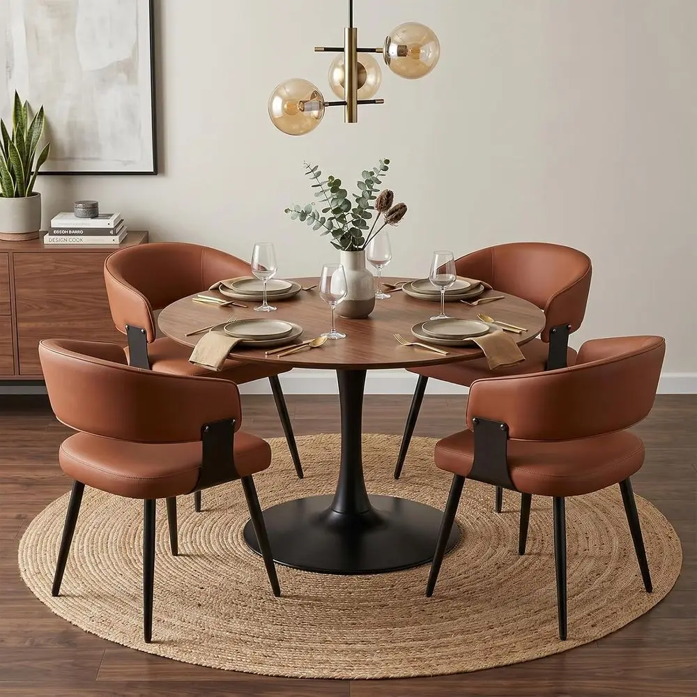 Dining Chairs Set o 4, ern Upholstered aux Leather Kitchen Chairs with Curved Back, Easy to Assemble & Clean or Dining Room, Res
