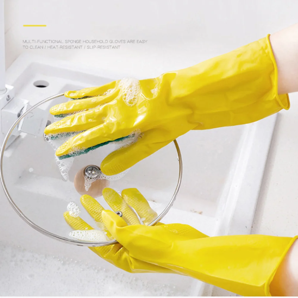 

1Pair Kitchen Cleaning Gloves Latex Durable Waterproof Scouring Pad for Dishwashing Housework Dishwashing Gloves