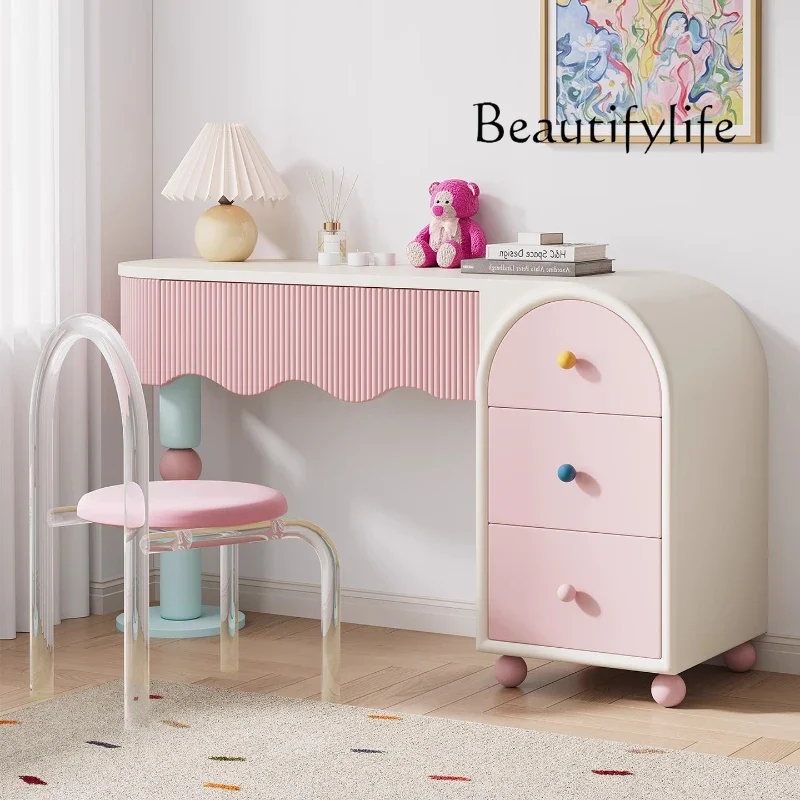 YX New Dopamine Pink Dresser, Bedroom Dresser, Cream Wind Solid Wood Integrated Chest Cabinet, Makeup Table, Storage Cabinet