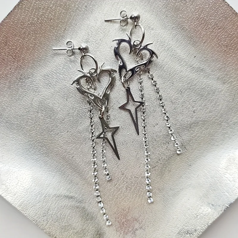 1 Pair of Retro Creative Simple Heart-shaped Square Star Tassel Hanging Earrings Elegant Women's Perfect Gift Friends on Holiday