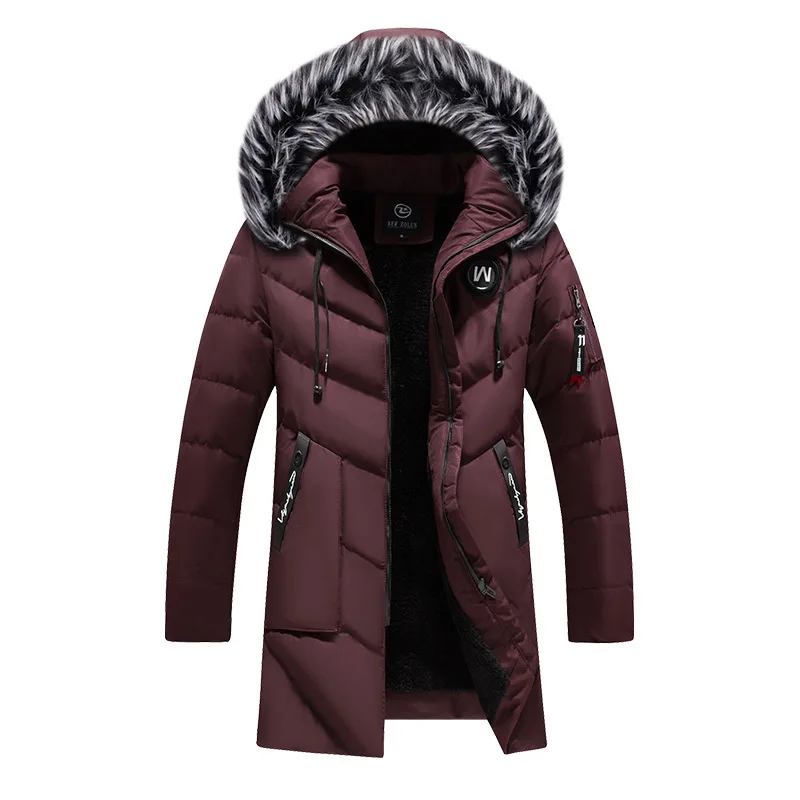 Winter Long Outwear Coats Men Parkas Thick Fleece Solid Color Winter Jacket Fashion Fur Hooded Warm Cotton Parka Windbreaker
