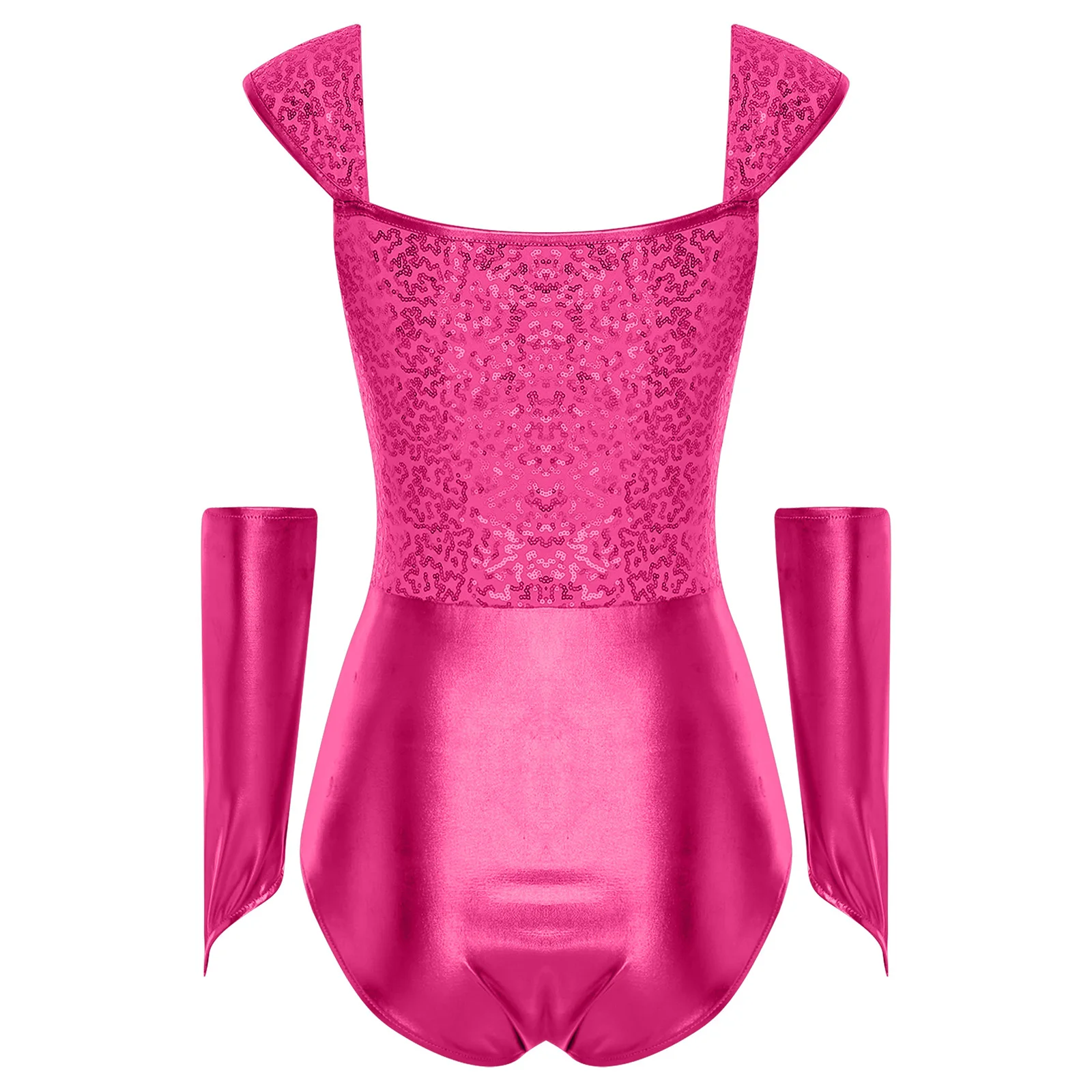 Womens Glittery Sequin Metallic Shiny Bodysuit with Removable Sleeves Goddess Roleplay Leotard for Halloween Cosplay Clubwear