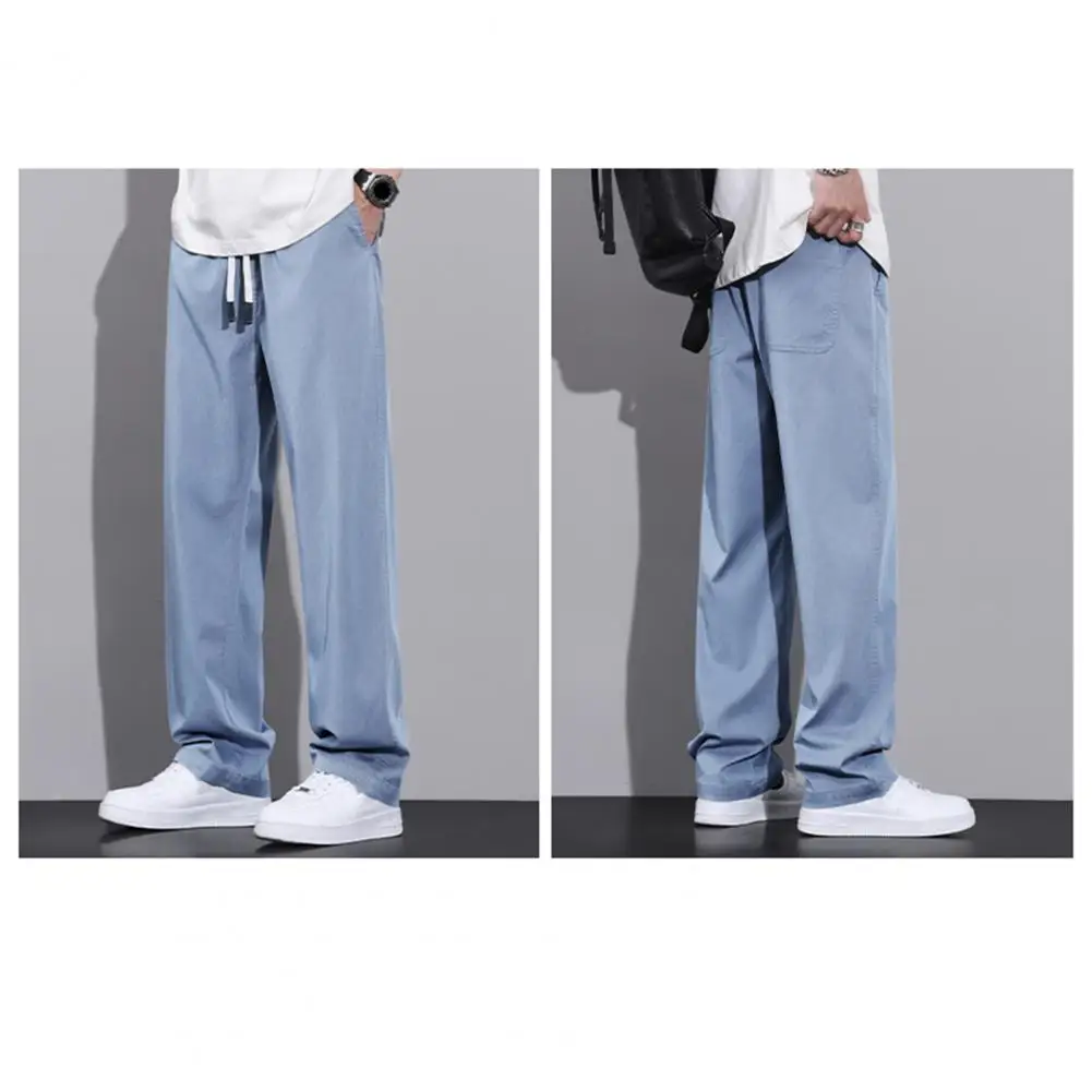 Men Straight-legged Jeans Ice Silk Casual Trousers Men's Adjustable Drawstring Denim Pants with Pockets Stylish Wide for Summer