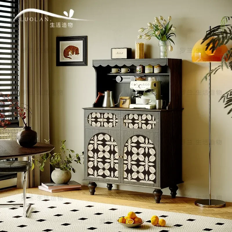 Cream Wind Flower Solid Wood Dining Side Cabinet Medieval Living Room Tea Coffee Machine Storage Kitchen Water Bar Stand