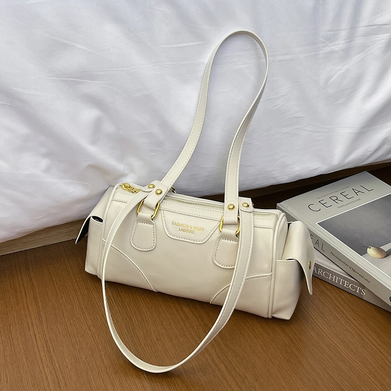 2026 New Women Vintage Cylinder Shoulder Bag Glossy Faux‑Leather Gold Hardware Retro Splicing Design Casual Commute Shoulder