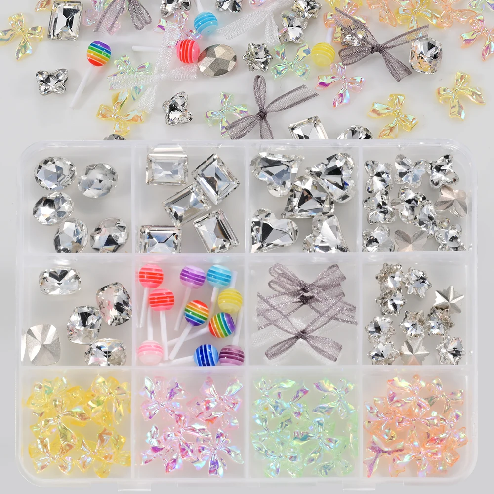 12grids 3D Glass Red Crystal Flatback Nail Rhinestones Mix Cherry Starwberry Bow Nail Jewels Multi Shapes Resin Nail Art Supplie