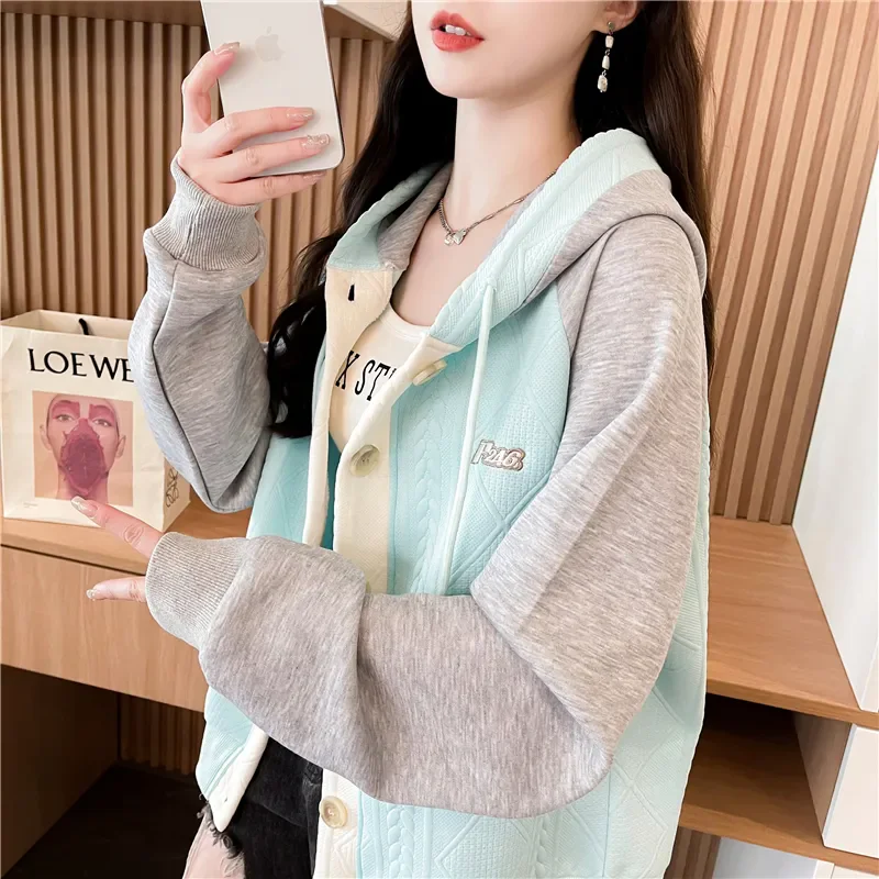Contrast Stitching Twist Design Hooded Sweatshirt Women's Outwear 2025 Spring Autumn New Fashion Loose Chic Casual Coat Tops