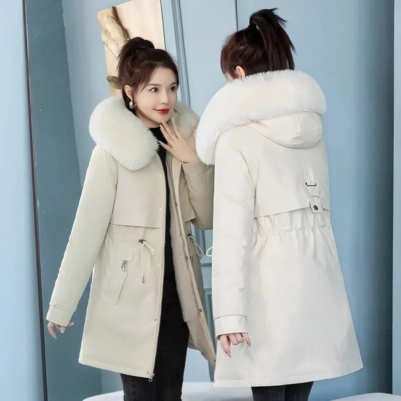 Parka feminina com capuz longo com forro de pele, neve, jaqueta de inverno, Parkas femininas, casacos grossos, Parkas de lã, novo, 2023