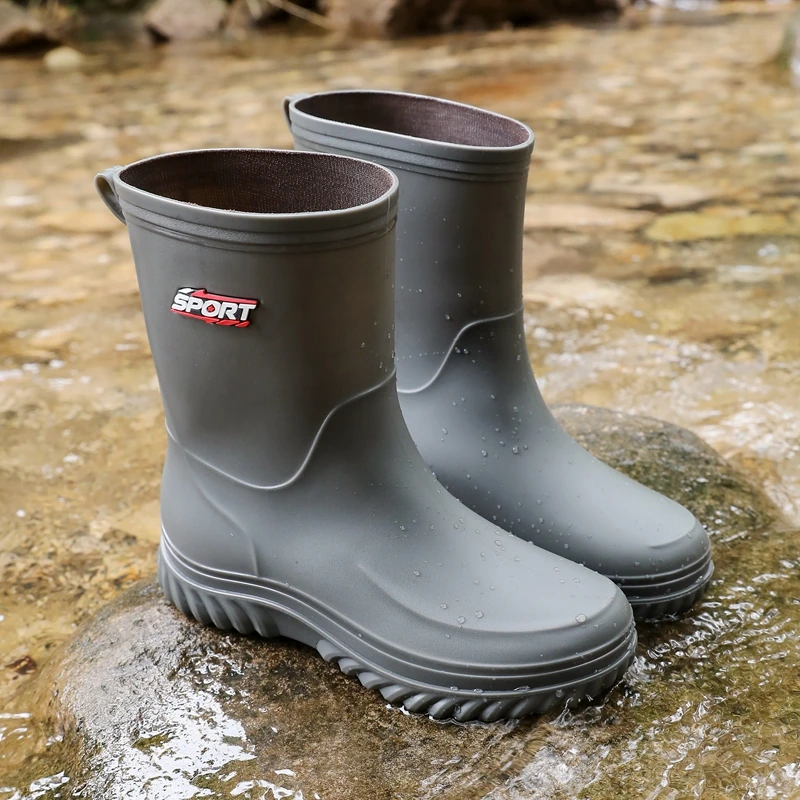 Waterproof Men's Mid-Calf Rain Boots Anti-Slip Thick Bottom Wear-Resistant Smell-Proof Slip-Resistant Plastic Shoes for Deliv...